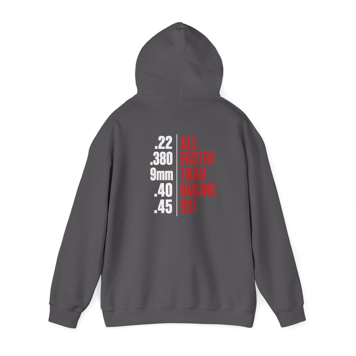 2A Pocket Hoodie — "All Faster Than Dialing 911" Firearm Caliber Graphic Hoodie