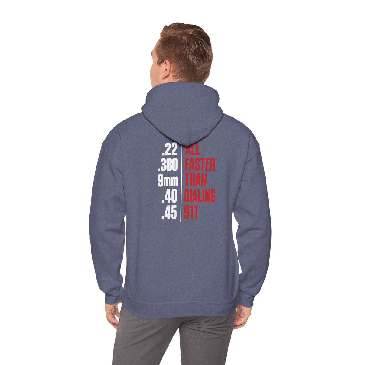 2A Pocket Hoodie — "All Faster Than Dialing 911" Firearm Caliber Graphic Hoodie