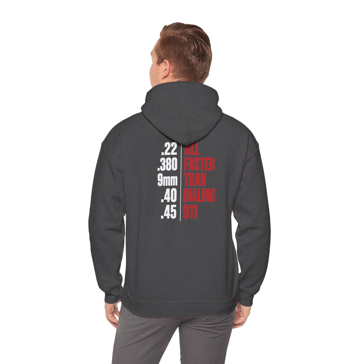 2A Pocket Hoodie — "All Faster Than Dialing 911" Firearm Caliber Graphic Hoodie