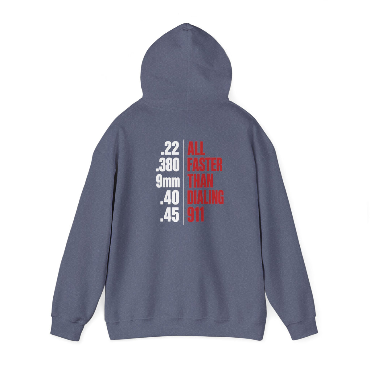 2A Pocket Hoodie — "All Faster Than Dialing 911" Firearm Caliber Graphic Hoodie