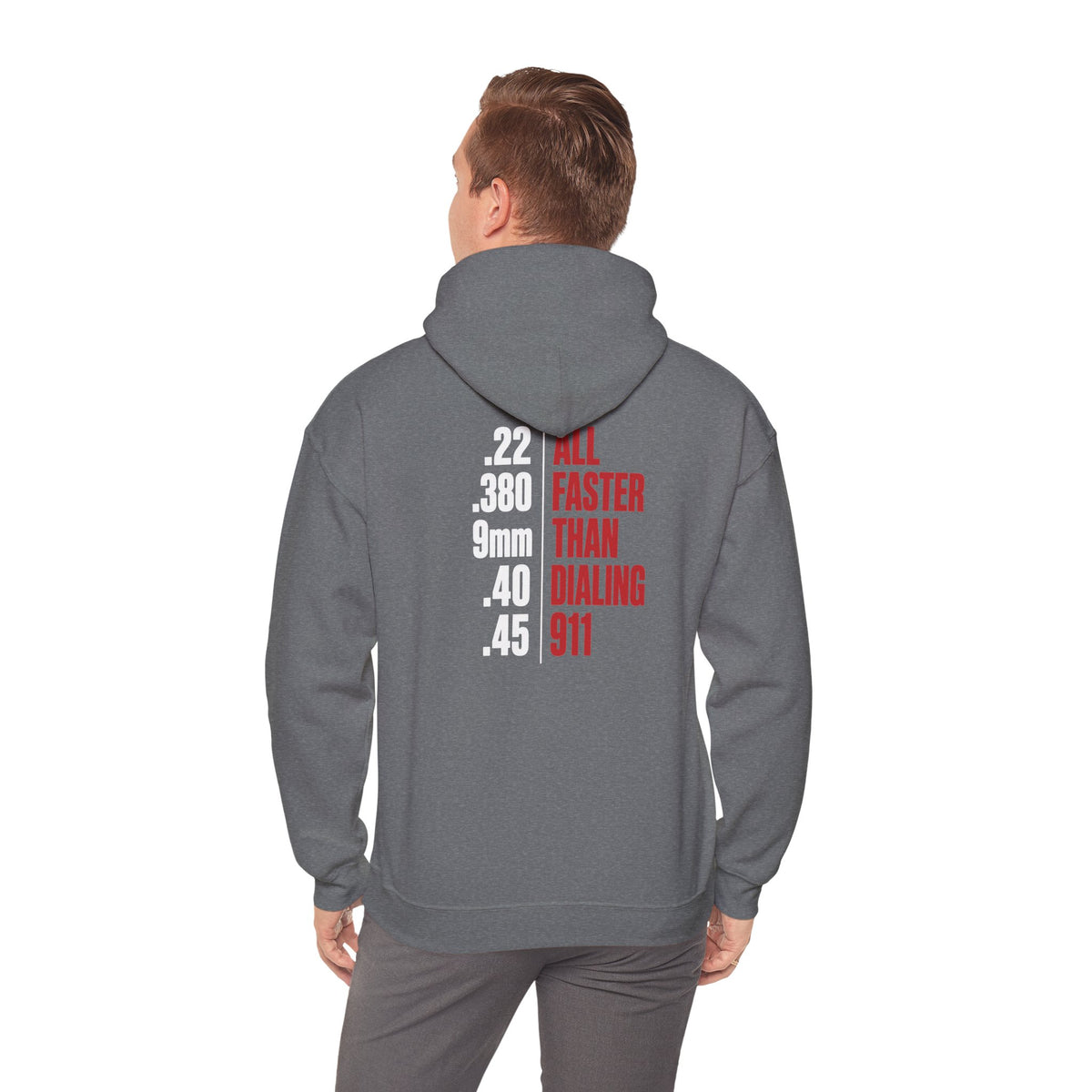 2A Pocket Hoodie — "All Faster Than Dialing 911" Firearm Caliber Graphic Hoodie